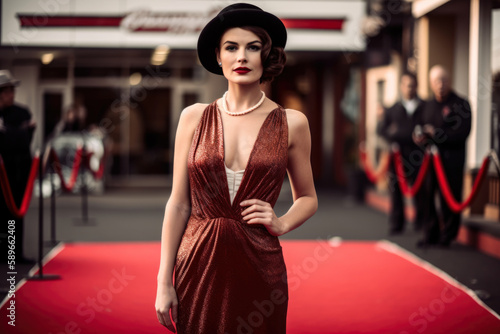 Glamorous Hollywood starlet with a retro look, wearing a vintage dress and striking a pose on the red carpet, generative ai photo