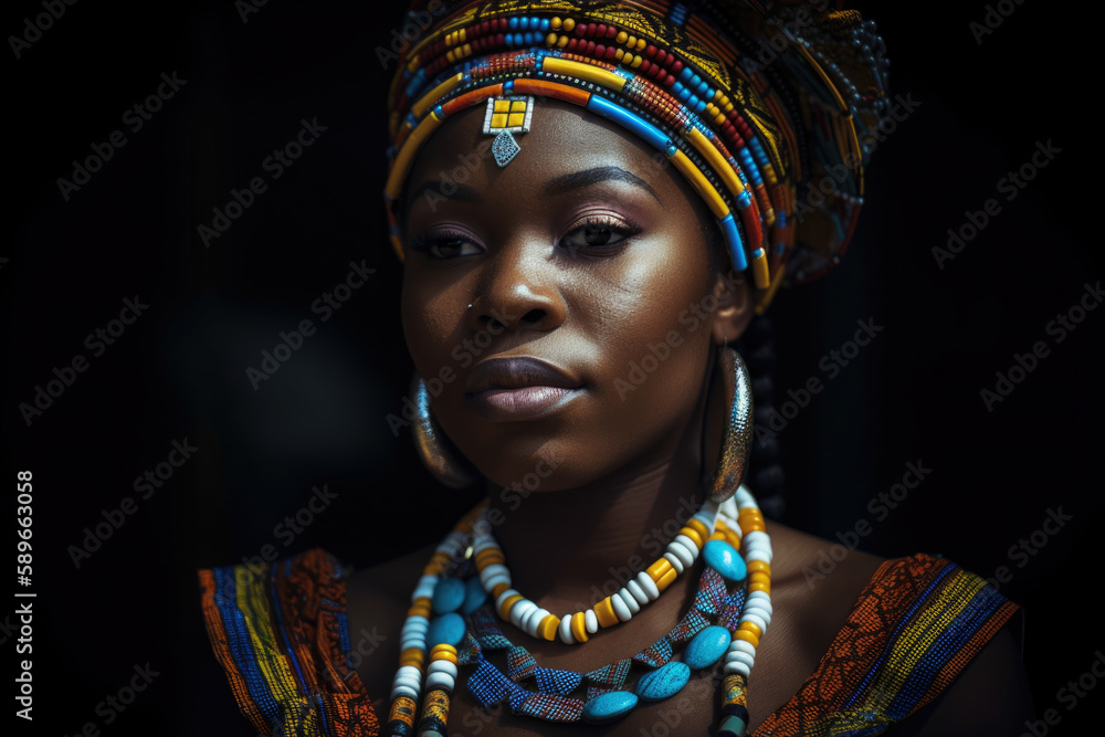 Graceful African woman adorned with vibrant tribal face paint, wearing a beaded necklace and traditional headwrap, generative ai
