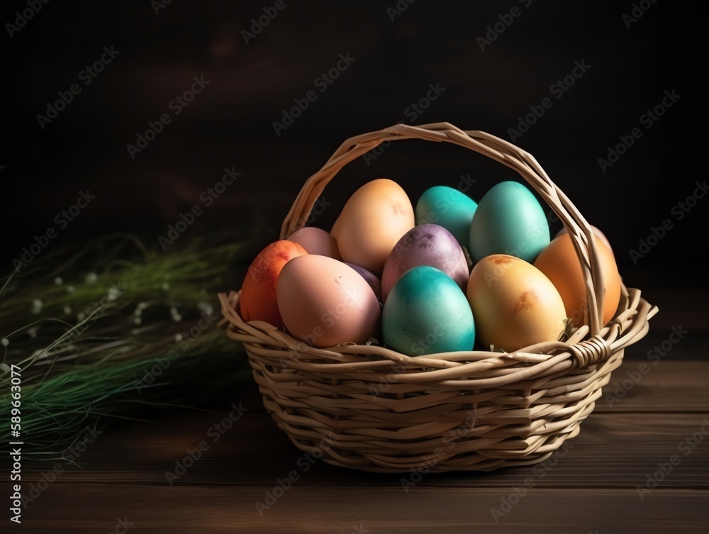 Easter eggs in a basket on a wooden background. Toned. Easter eggs in a basket on a wooden background. Toned.