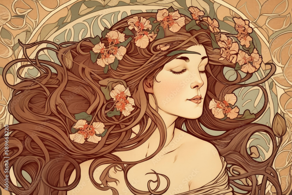Graceful Woman with Flowing Hair and Floral Accents in Art Nouveau Style, generative ai Graceful Woman with Flowing Hair and Floral Accents in Art Nouveau Style, generative ai