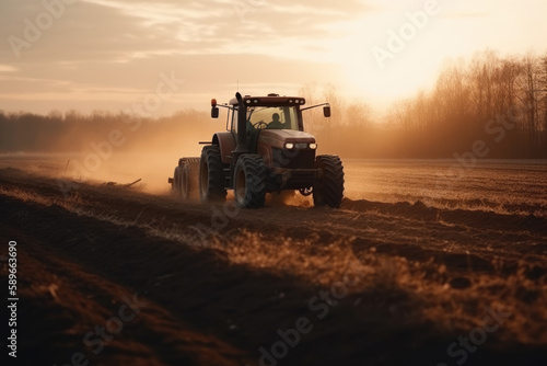 Tractor drives across large field making special beds for soil and farming, the concept of cultivating the field, agricultural work, sunset. Generative AI. © Sebastian