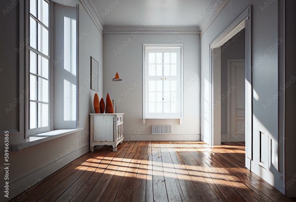 Obraz premium HDRI Environment Map. Empty White Room with Wood Floor. Window illuminates the space with bright natural Light. Generative AI