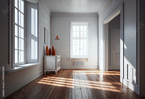 HDRI Environment Map. Empty White Room with Wood Floor. Window illuminates the space with bright natural Light. Generative AI