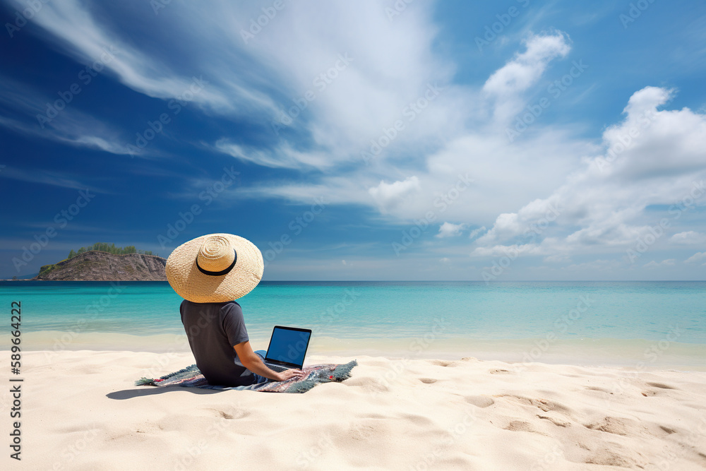 Young man with laptop on the beach. work life balance concept, Generative AI