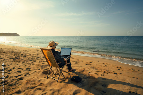 Man working on laptop on the beach in the morning. work life balance concept. Generative AI photo