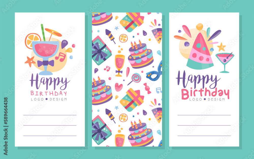 Happy Birthday Vertical Invitation Card with Cake, Gift Box and Cocktail Vector Template