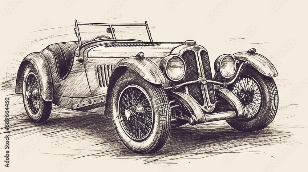 Drawing Sketch Vintage Sports Car Generative AI