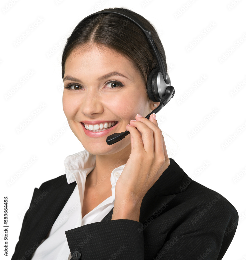 Young woman with headphones, call center or support concept Young woman with headphones, call center or support concept