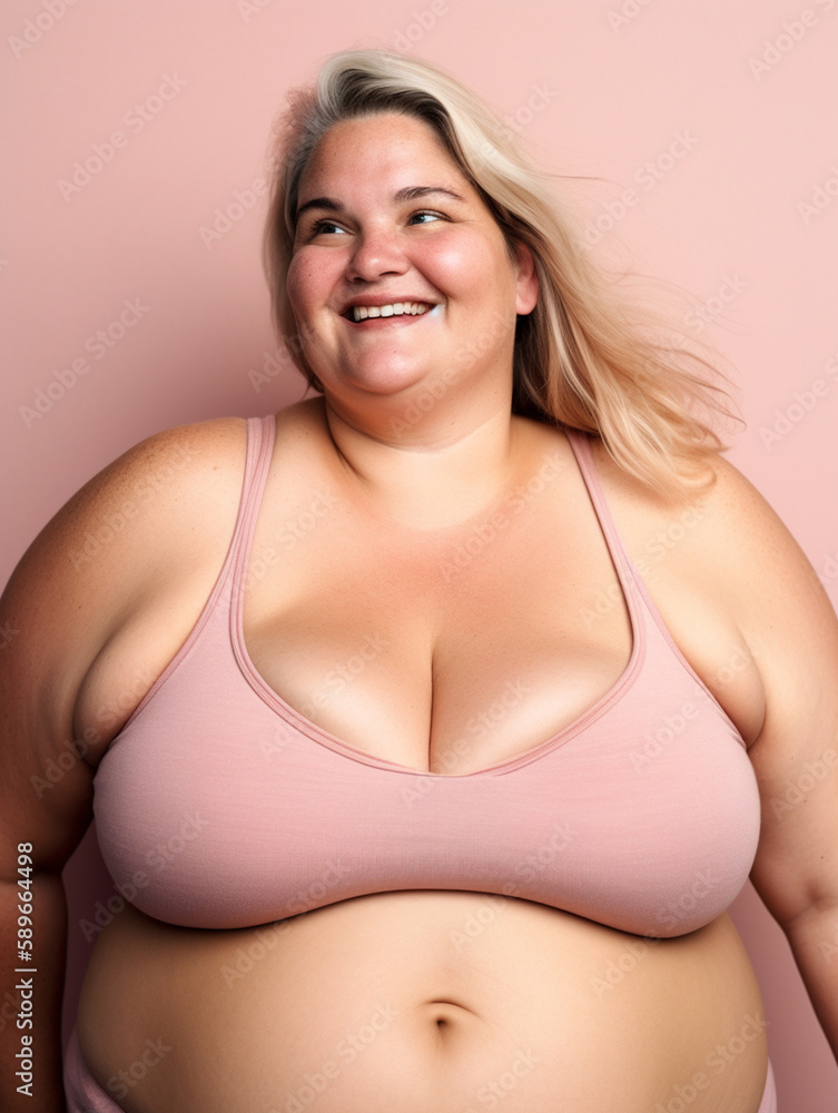 Obraz premium Happy plump woman studio portrait. Human diversity concept. Fictional character created with Generative AI.