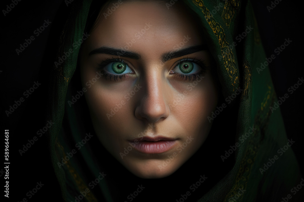 Intense Portrait of a Woman with Piercing Green Eyes and a Dramatic Black Shawl Framing Her Face, generative ai Intense Portrait of a Woman with Piercing Green Eyes and a Dramatic Black Shawl Framing Her Face, generative ai