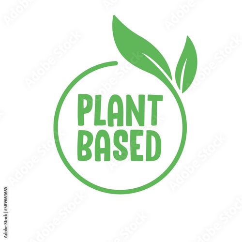 Plant based label. Text inside a circle with leaves around. Vegan friendly badge.