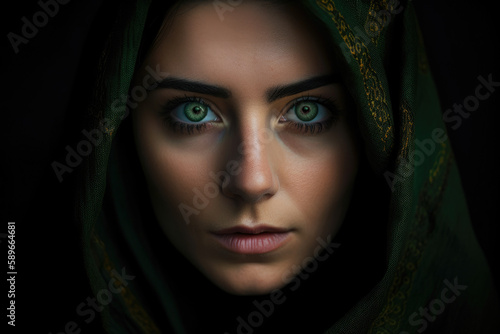 Intense Portrait of a Woman with Piercing Green Eyes and a Dramatic Black Shawl Framing Her Face, generative ai