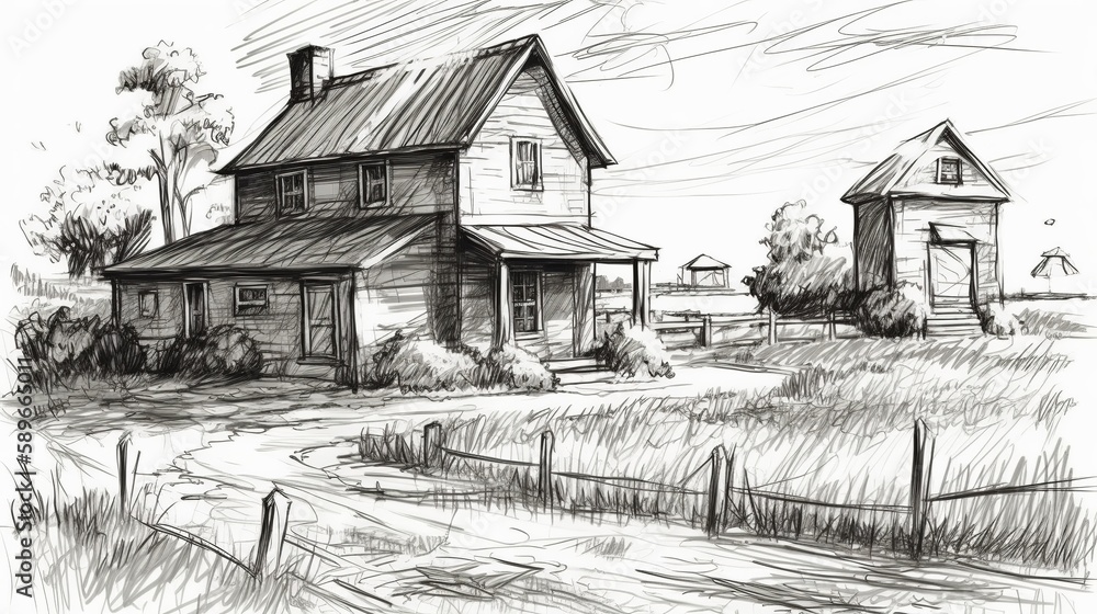 Obraz premium Drawing sketch village house Generative AI