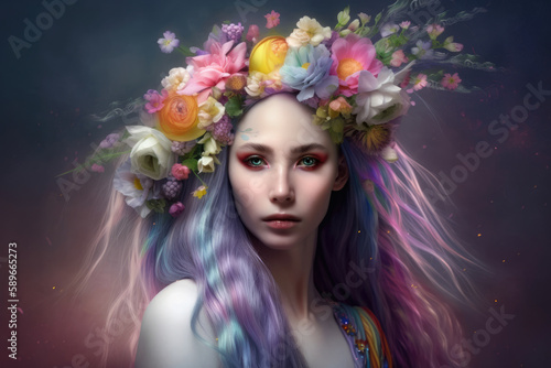 Magical Unicorn Princess with a Crown of Flowers and a Rainbow Mane, generative ai
