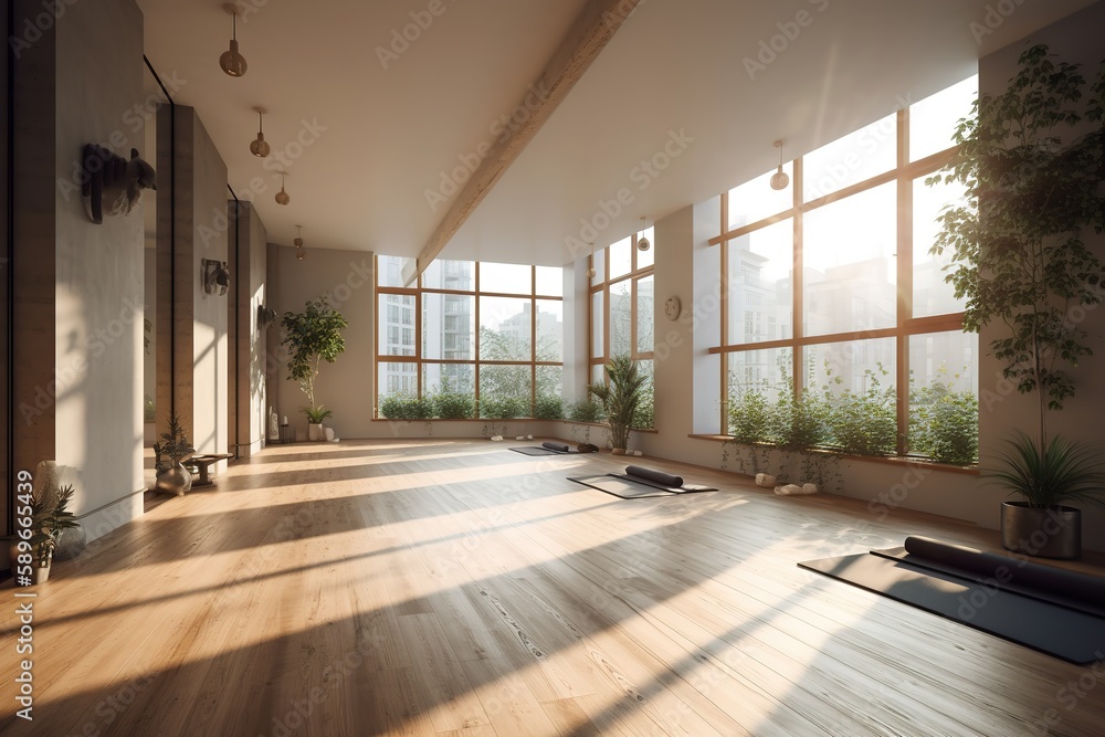 interior of a yoga room with large windows interior of a yoga room with large windows
