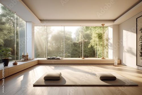 interior of a yoga room with large windows © stasknop