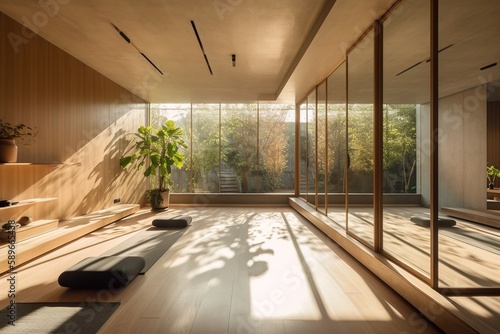 interior of a yoga room with large windows