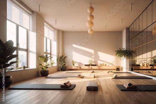 interior of a yoga room with large windows © stasknop