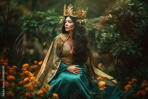 Majestic Garden Empress with a crown of flowers and leaves, fierce expression, and flowing robes in a lush garden setting, generative ai