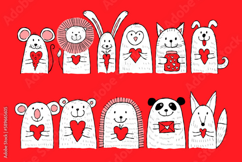 Cute animals with hearts in hands together. Be my Valentine. Valentine's day ...