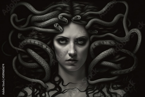 Medusa's Gaze haunting portrait of a woman in the style of ancient Greek art, inspired by the myth of Medusa and her deadly stare, generative ai