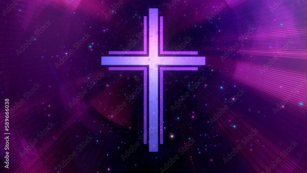 Futuristic Christian cross in ethereal sparkling purple cyberspace loop. Concept 3d animation of Roman Catholic scifi crucifix as religious sign of a modern spirituality and faith in the digital world
