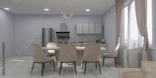 Kitchen dining room 3d render, 3d illustration