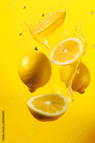 Ripe lemons with splashes of drops of water or juice on a yellow background, Generative AI 7