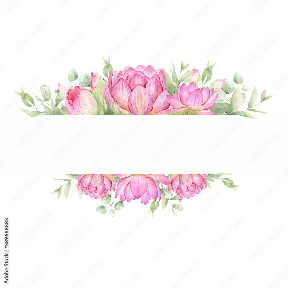 lotus, frame, wedding, template, card, pink, lily, waterlily, design, circlet, floral, green, leaf, water lilies, greeting, invitation, traditional, botanical, foliage, isolated, nature, background, p