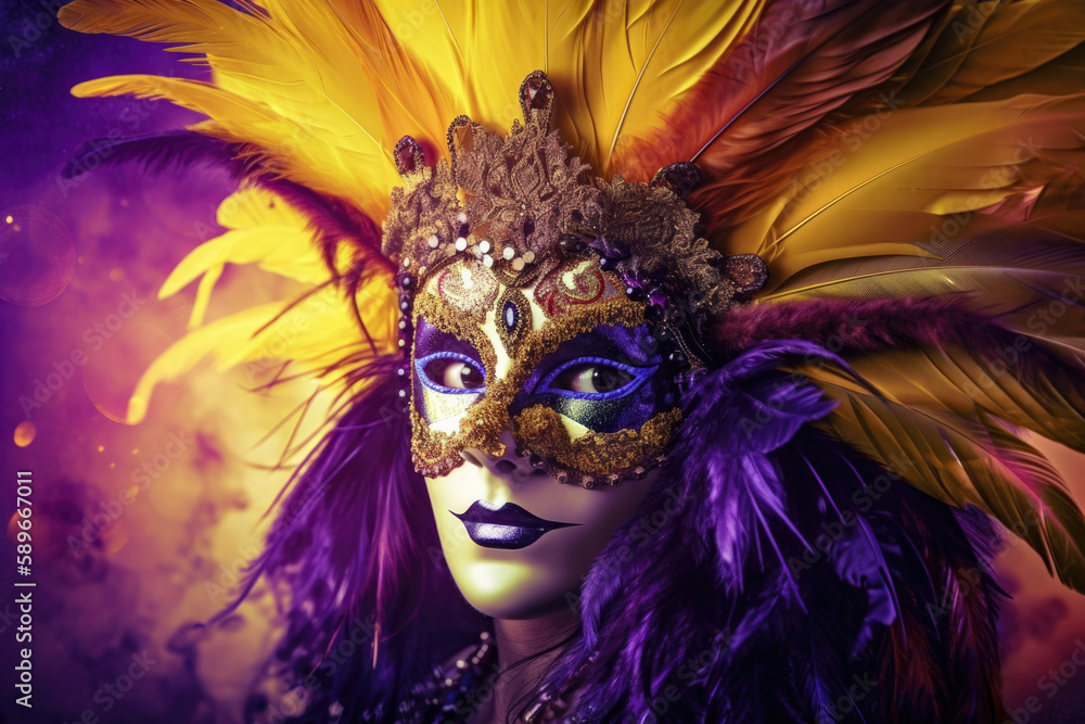 Mysterious woman wearing a colorful Mardi Gras mask with feather and bead embellishments against a vibrant purple and gold background, generative ai