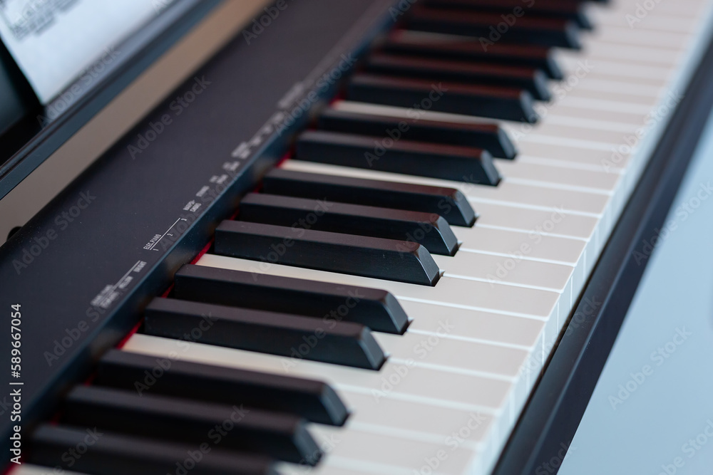 Analog synthesizer piano keyboard in flat lay. Professional synth device for electronic music production in sound recording studio. Black and white keys on pianist musical instrument Analog synthesizer piano keyboard in flat lay. Professional synth device for electronic music production in sound recording studio. Black and white keys on pianist musical instrument