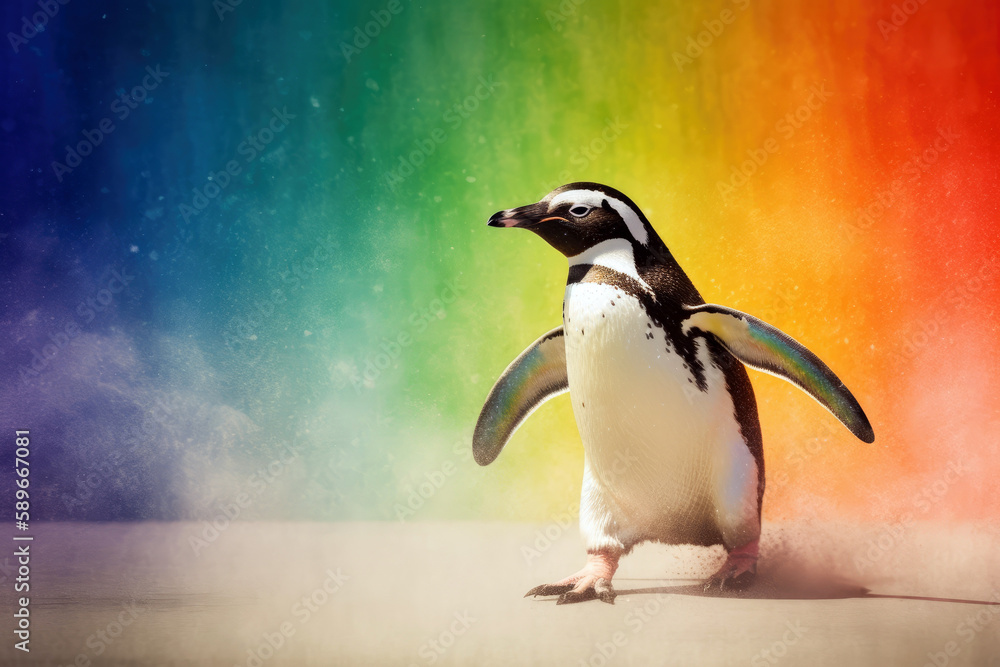 Fototapeta premium penguin set against a whimsical rainbow background with ample copyspace (created with Generative AI)