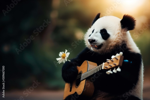 charming panda bear playing a ukulele  serenading against a flat  tropical background with ample copyspace for text  created with Generative AI 