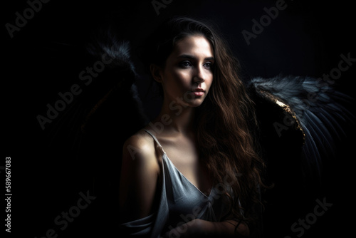 Mysterious woman with angelic and demonic features gazing into the distance against a dark background, generative ai