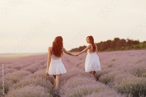 Two beautiful young sisters holding hands and walking the field of lavender in Provence, France. Back view. 