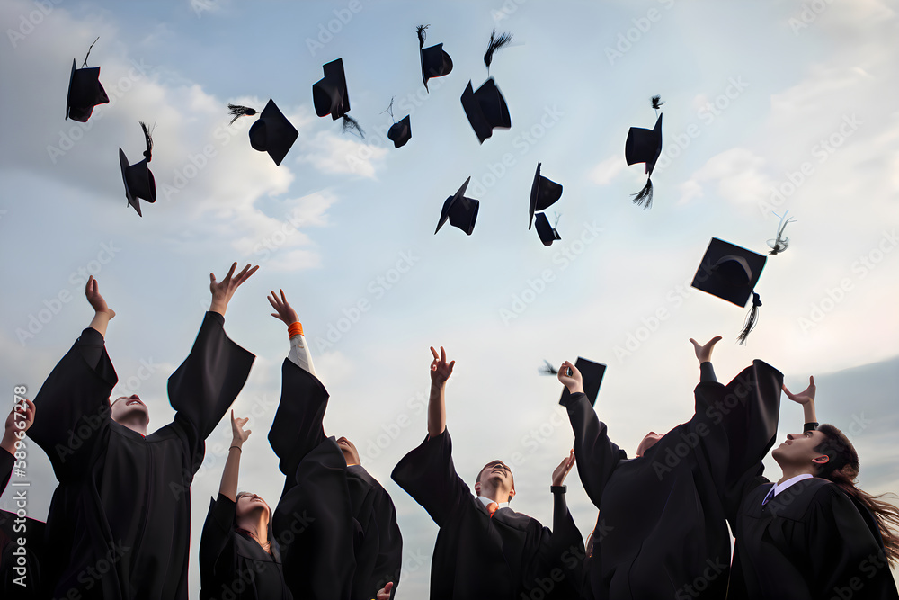 A group of graduates tips their graduation caps upwards, Generative AI