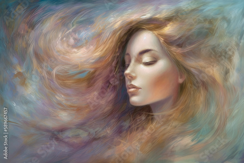 Mystical Maiden impressionistic portrait of a woman with flowing hair and a dreamlike quality, with a hint of mystique and soft colors, generative ai