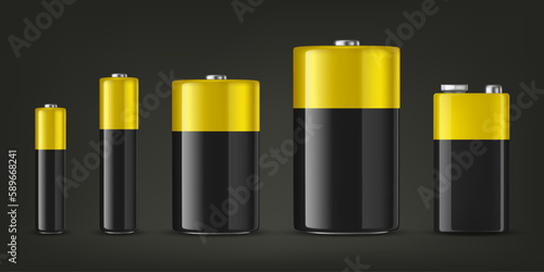Vector 3d Realistic Black and Yellow Alkaline Battery Icon Set Closeup Isolated. Diffrent Size - AAA, AA, C, D, PP3. Design Template for Branding, Mockup. Vector Illustration