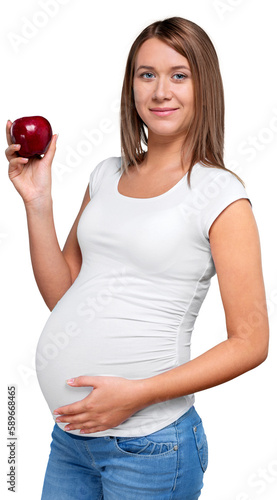 Young pregnant woman with red apple isolated on white background