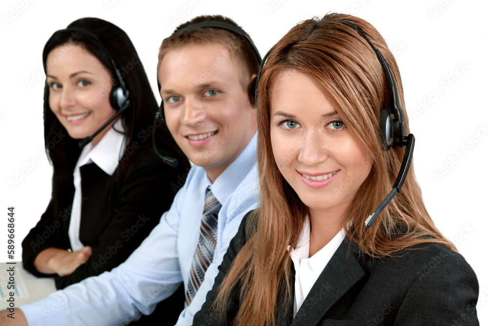Smiling Workers Using a Headset - Isolated Smiling Workers Using a Headset - Isolated