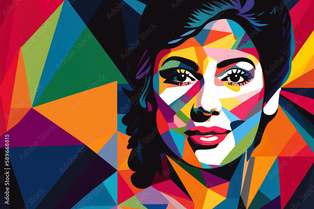 Pop Art Portrait of a Smiling Woman with Colorful Geometric Shapes, generative ai