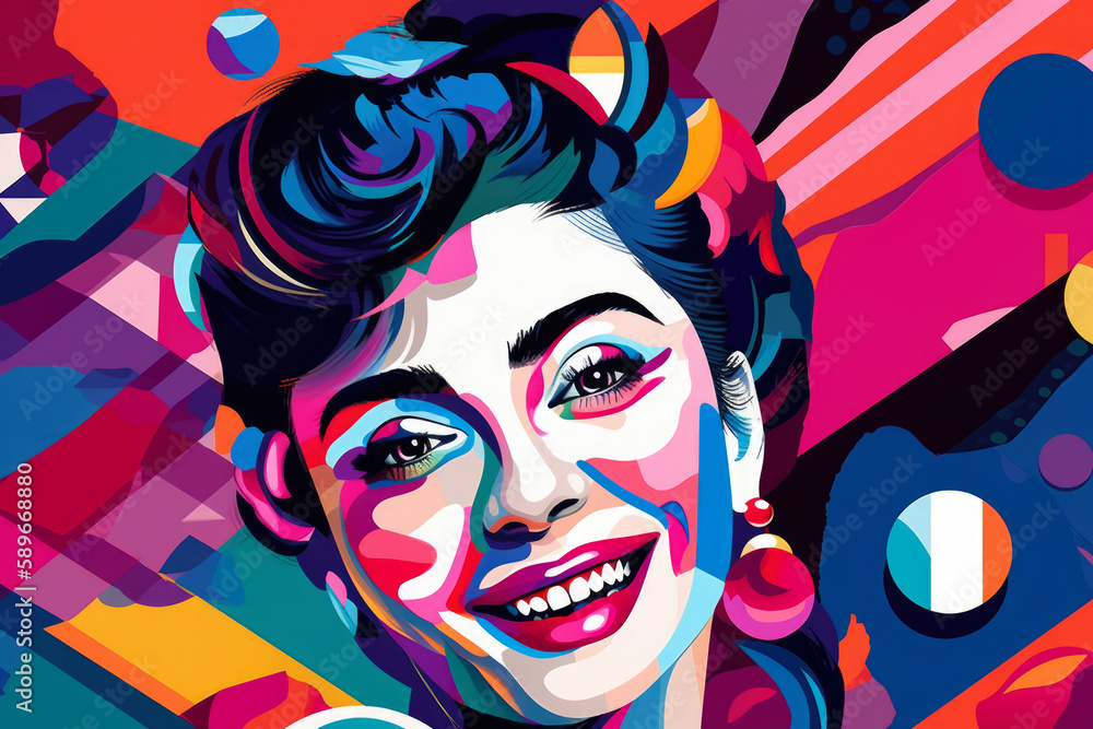 Pop Art Portrait of a Smiling Woman with Colorful Geometric Shapes, generative ai