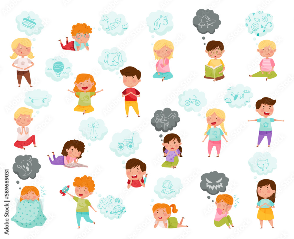Curious Children Reading Book and Dreaming Big Vector Set Curious Children Reading Book and Dreaming Big Vector Set