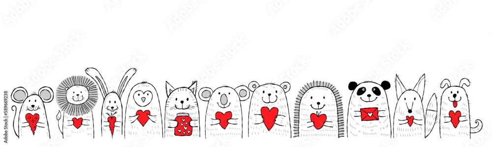 Cute animals with hearts in hands together. Be my Valentine. Valentine's day banner, background, flyer, placard. Holiday poster for scrapbooking. Vector illustration card for greeting, decoration Cute animals with hearts in hands together. Be my Valentine. Valentine's day banner, background, flyer, placard. Holiday poster for scrapbooking. Vector illustration card for greeting, decoration