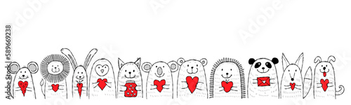 Cute animals with hearts in hands together. Be my Valentine. Valentine's day ...
