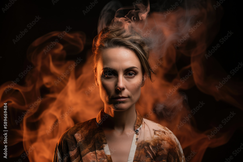 Portrait of a confident and powerful woman surrounded by swirling clouds of smoke and flames, generative ai
