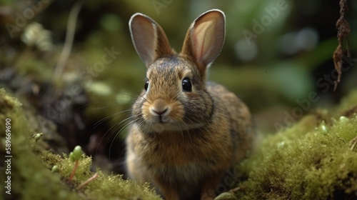 A cute little rabbit in a mossy forest