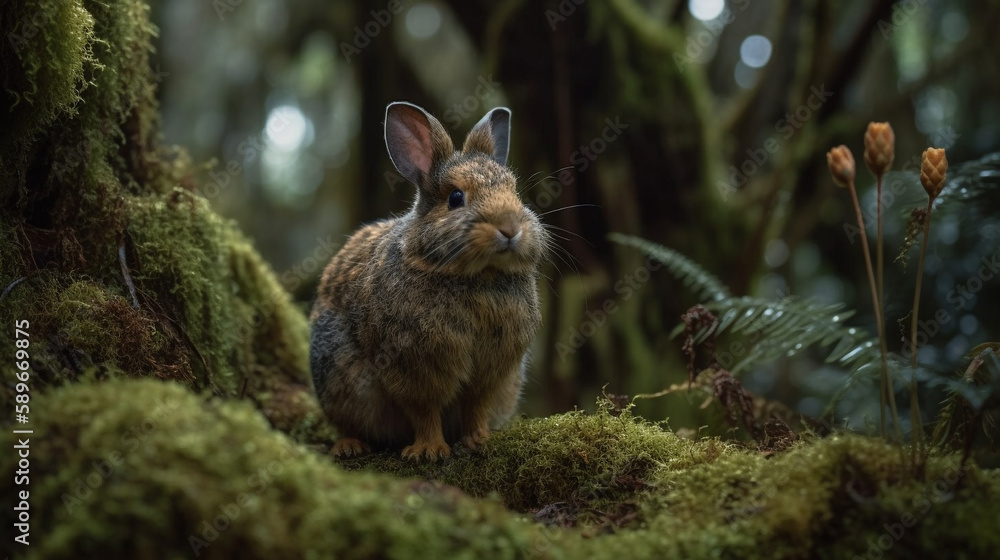 Fototapeta premium A cute little rabbit in a mossy forest