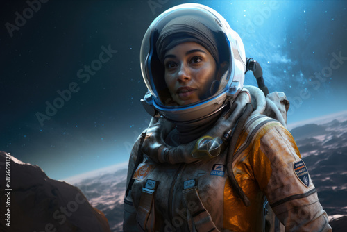 Portrait of a daring space explorer woman with a space helmet, holding a map of the galaxy and standing on a rocky alien planet, generative ai