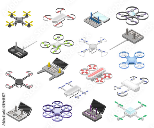 Pilotless Drone as Aerial Vehicle and Remote Control Panel Isometric Big Vector Set